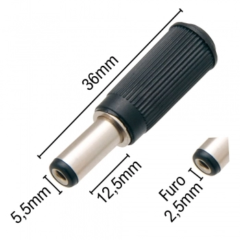 PLUG P8 COM FURO 2.5MM LARGURA 5.5MM SEM RABICHO